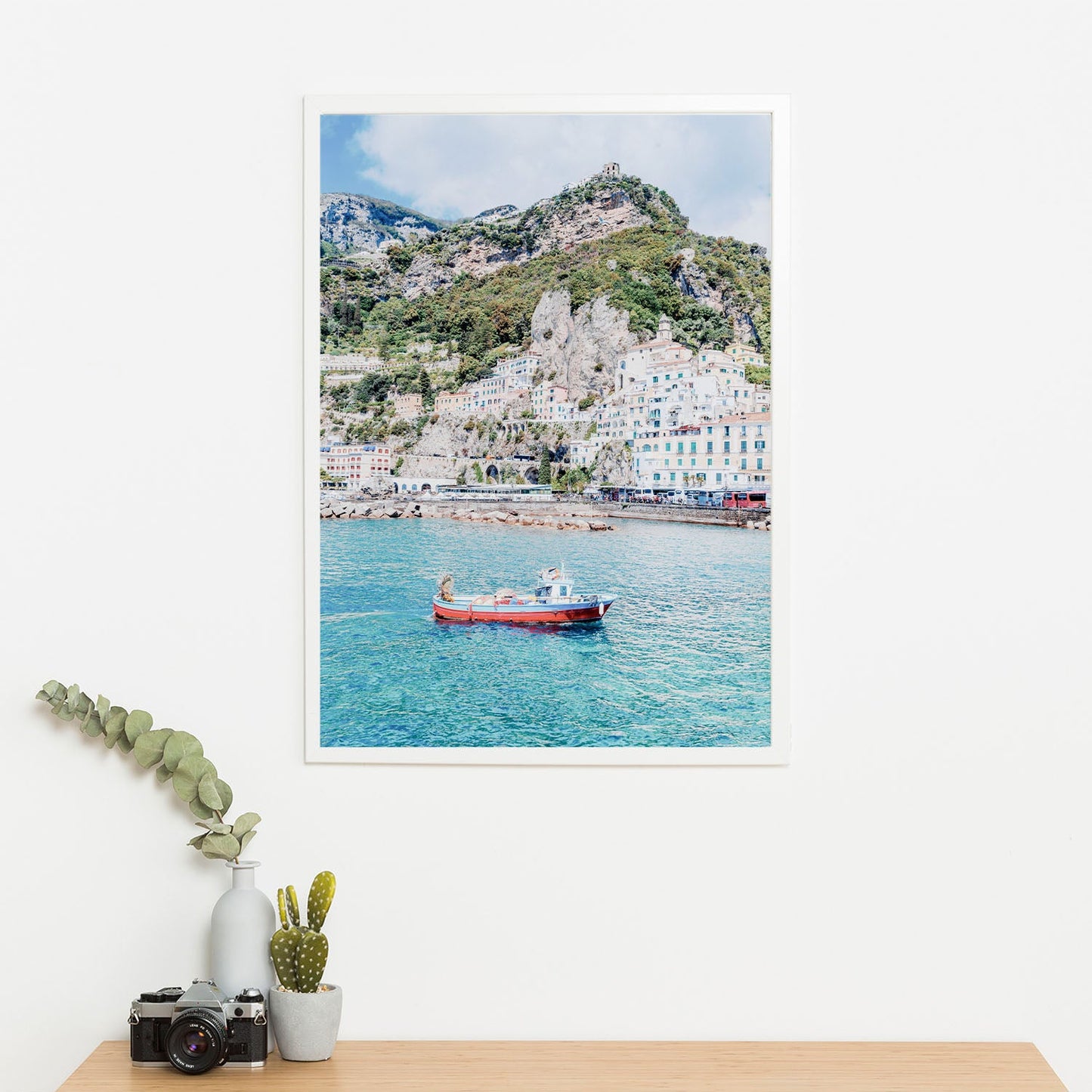 Wes Co Gallery Poster Coastal Village with Red Boat 11 x 17" Home Goods - Nature Art Print