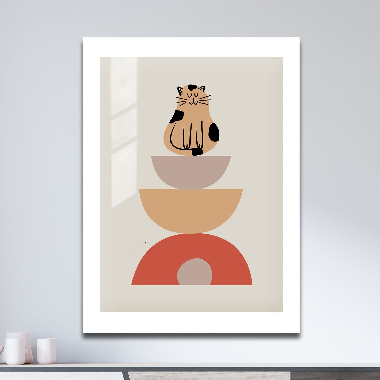 Wes Co Gallery Metal Poster Minimalist Cat and Bowls Poster 11" x 17" Home Goods - Coffee White border only Metal Art Print