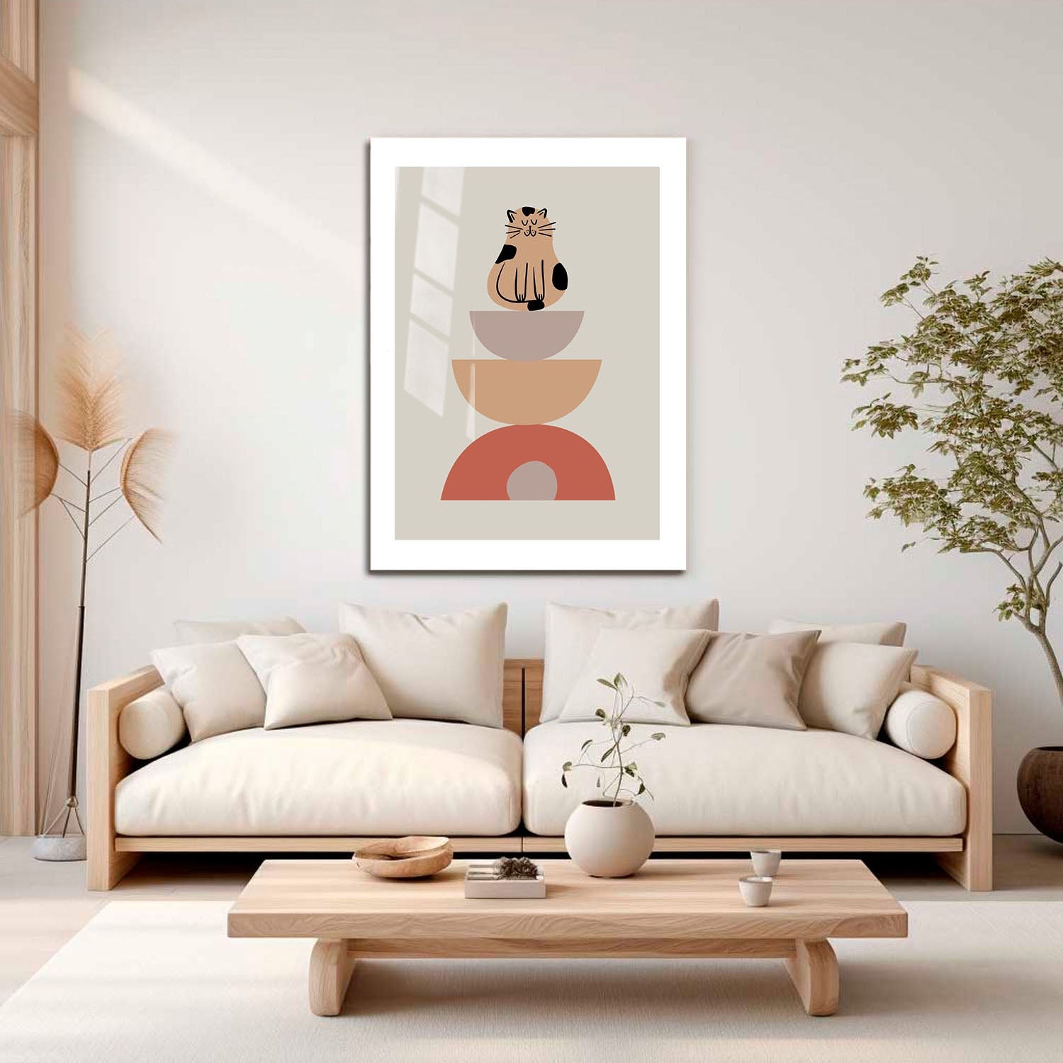 Wes Co Gallery Metal Poster Minimalist Cat and Bowls Poster 16" x 24" Home Goods - Coffee White border only Metal Art Print
