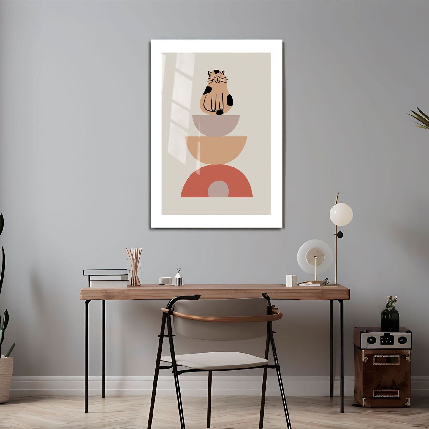 Wes Co Gallery Metal Poster Minimalist Cat and Bowls Poster 24" x 36" Home Goods - Coffee White border only Metal Art Print