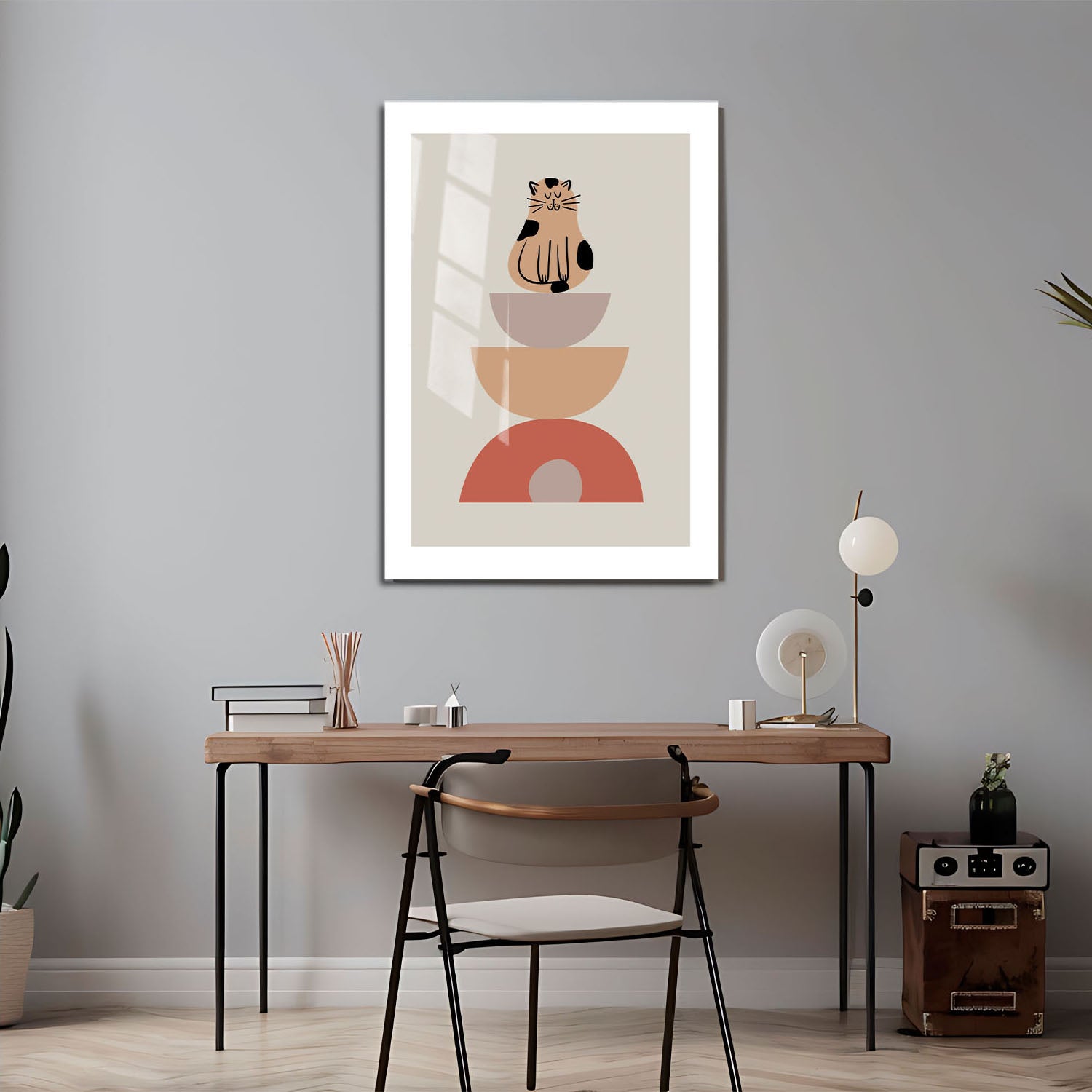 Wes Co Gallery Metal Poster Minimalist Cat and Bowls Poster 24" x 36" Home Goods - Coffee White border only Metal Art Print