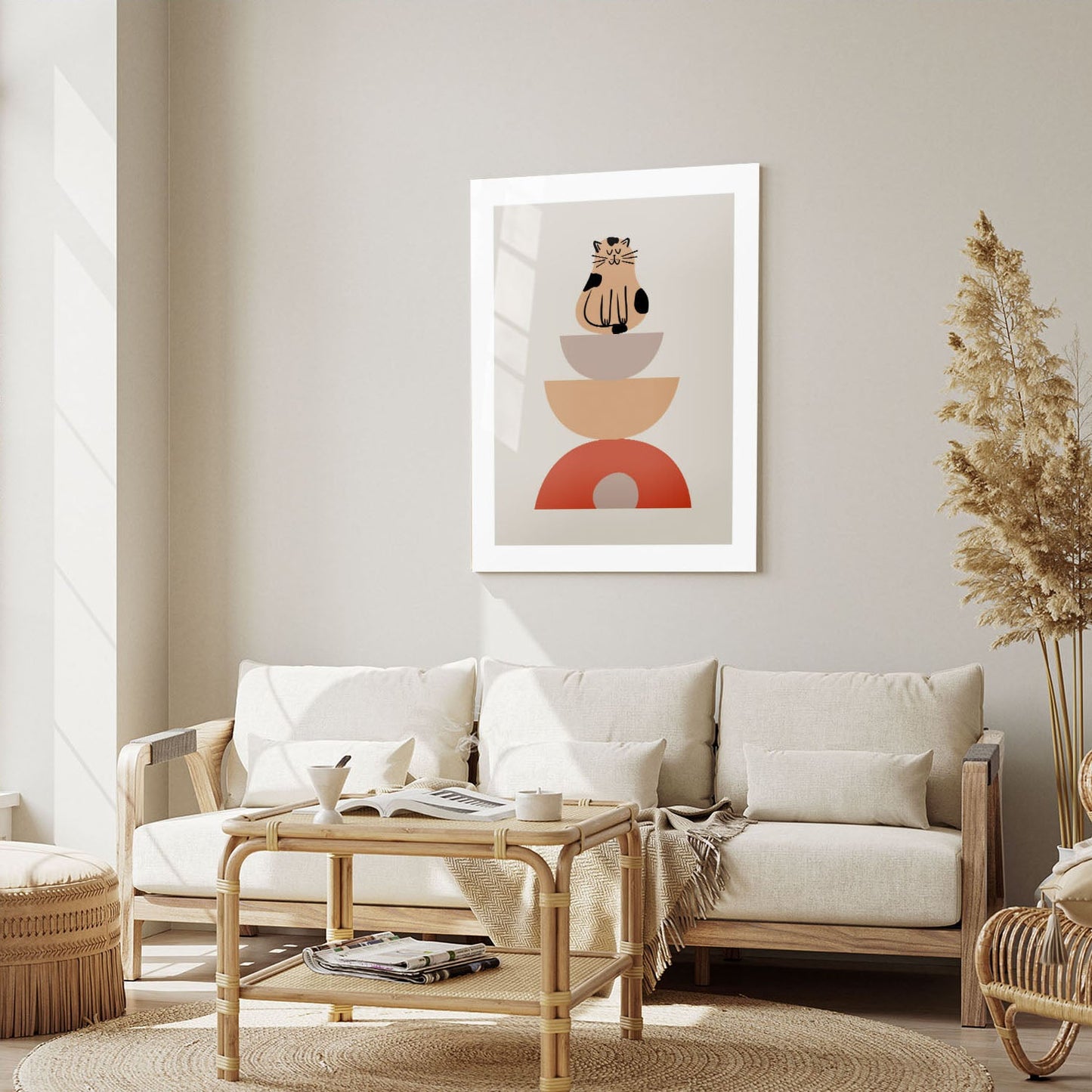 Wes Co Gallery Metal Poster Minimalist Cat and Bowls Poster 5" x 7" Home Goods - Coffee White border only Metal Art Print