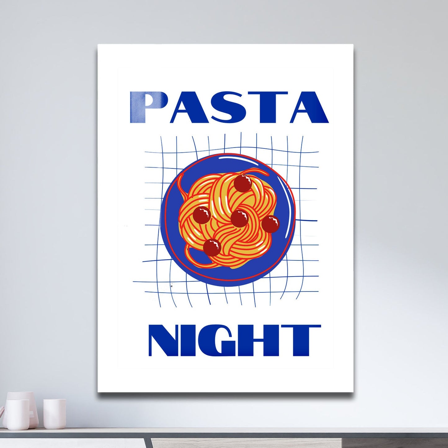 Wes Co Gallery Metal Poster Pasta Night Blue 11" x 17" Home Goods - Coffee White border only Metal Art Print