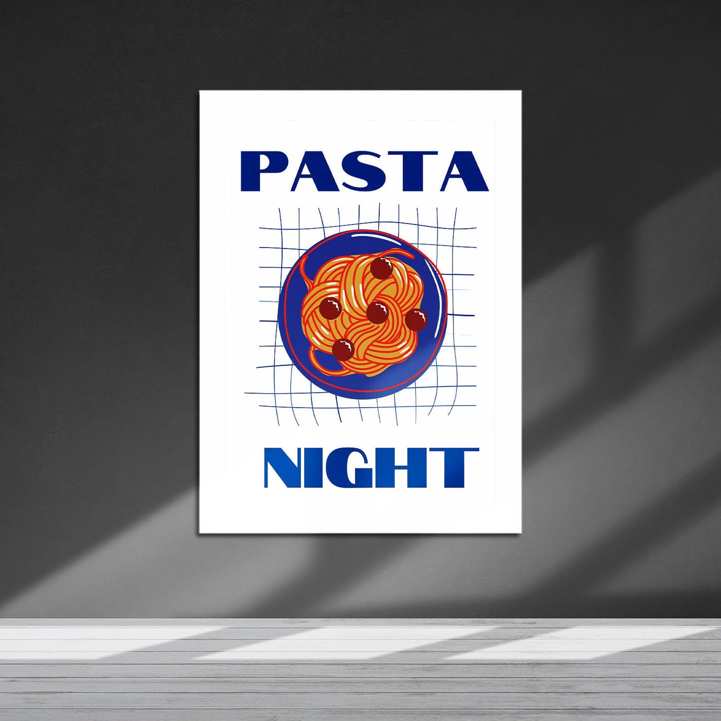 Wes Co Gallery Metal Poster Pasta Night Blue 16" x 24" Home Goods - Coffee White border only Metal Art Print