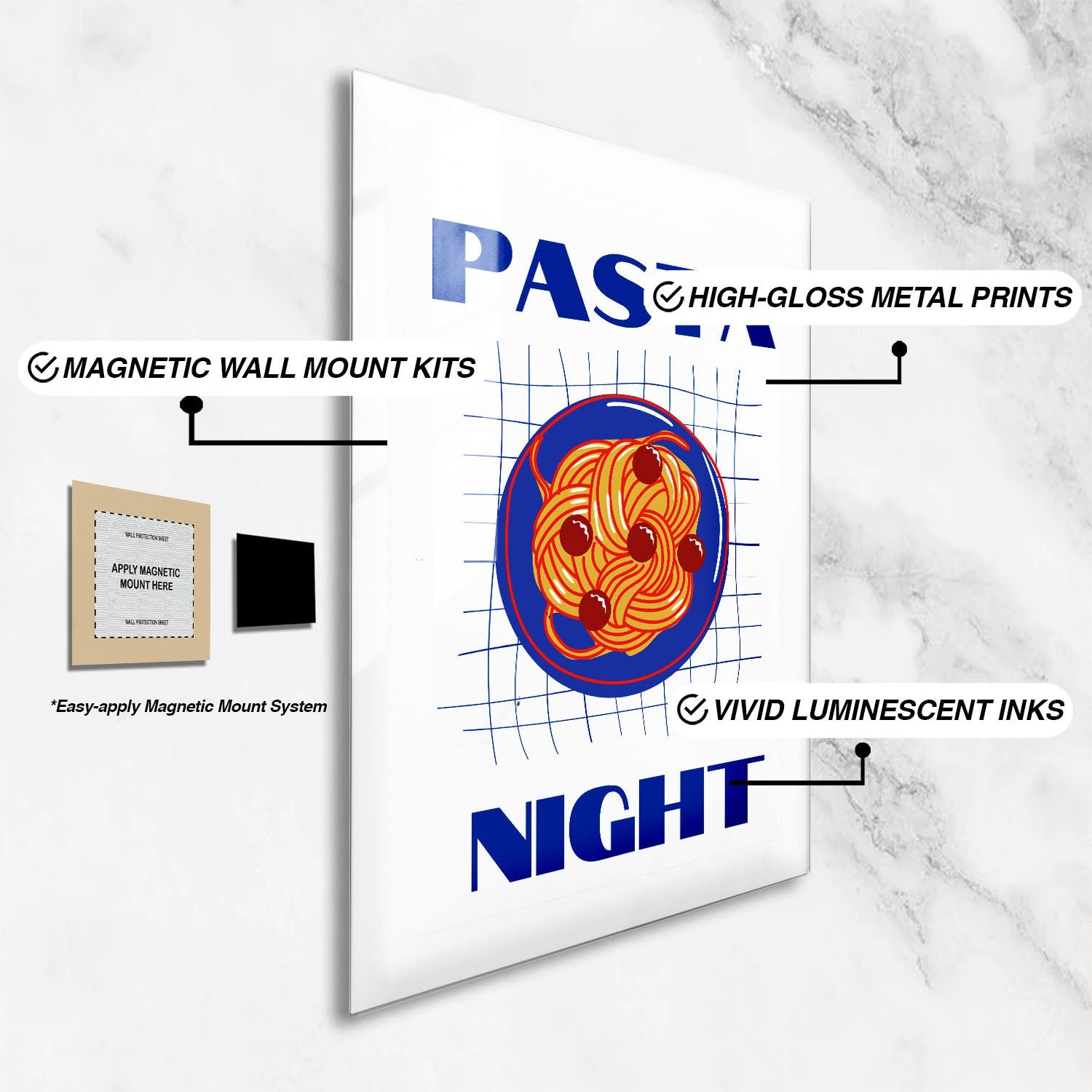 Wes Co Gallery Metal Poster Pasta Night Blue 24" x 36" Home Goods - Coffee White border only Metal Art Print