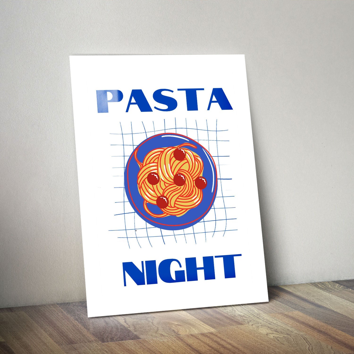 Wes Co Gallery Metal Poster Pasta Night Blue 11" x 14" Home Goods - Coffee White border only Metal Art Print