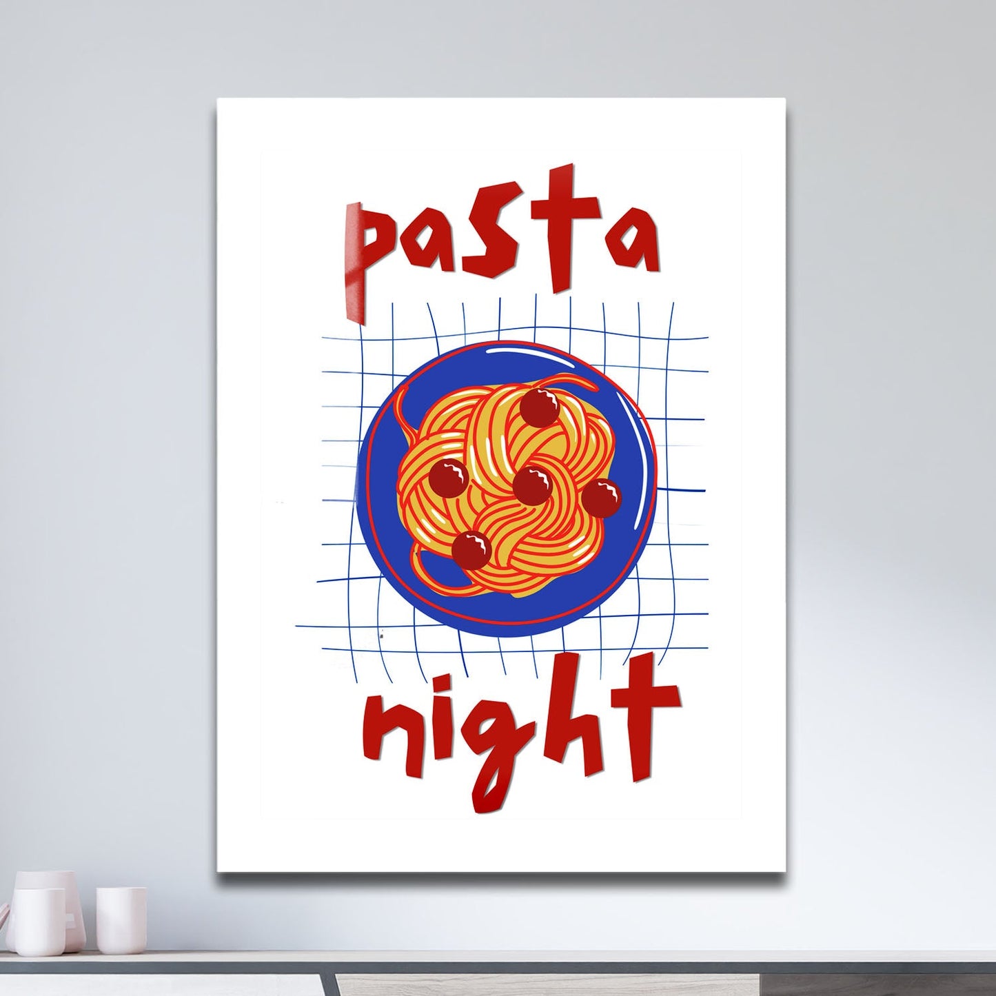 Wes Co Gallery Metal Poster Pasta Night Red 11" x 17" Home Goods - Coffee White border only Metal Art Print