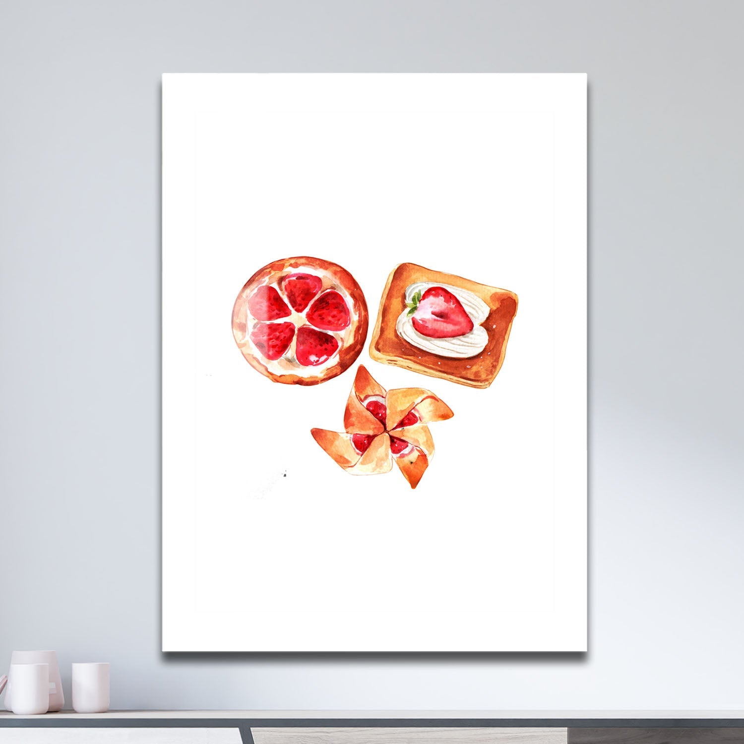 Wes Co Gallery Metal Poster Strawberry Pastry Trio 11" x 17" Home Goods - Coffee White border only Metal Art Print