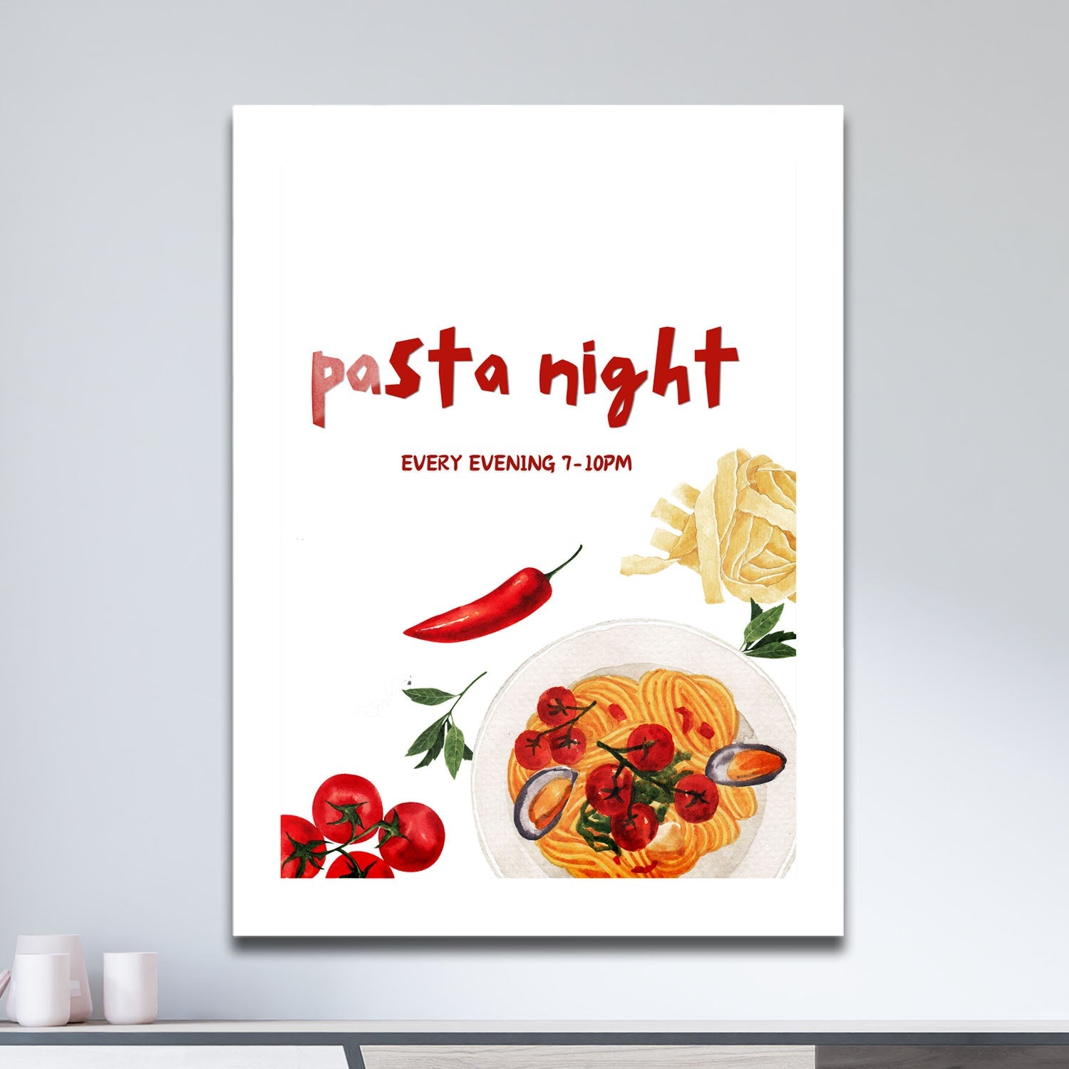 Wes Co Gallery Metal Poster Cozy Pasta Night 11" x 17" Home Goods - Coffee White border only Metal Art Print