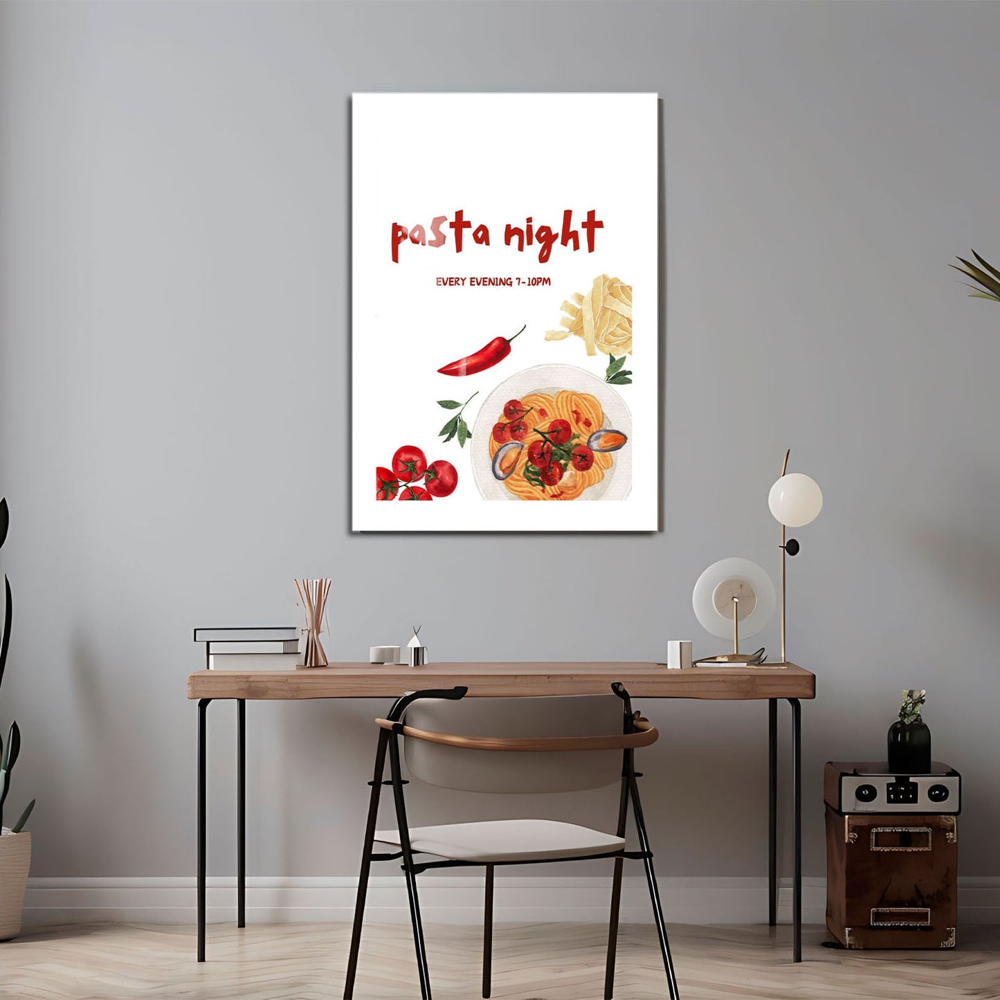 Wes Co Gallery Metal Poster Cozy Pasta Night 24" x 36" Home Goods - Coffee White border only Metal Art Print