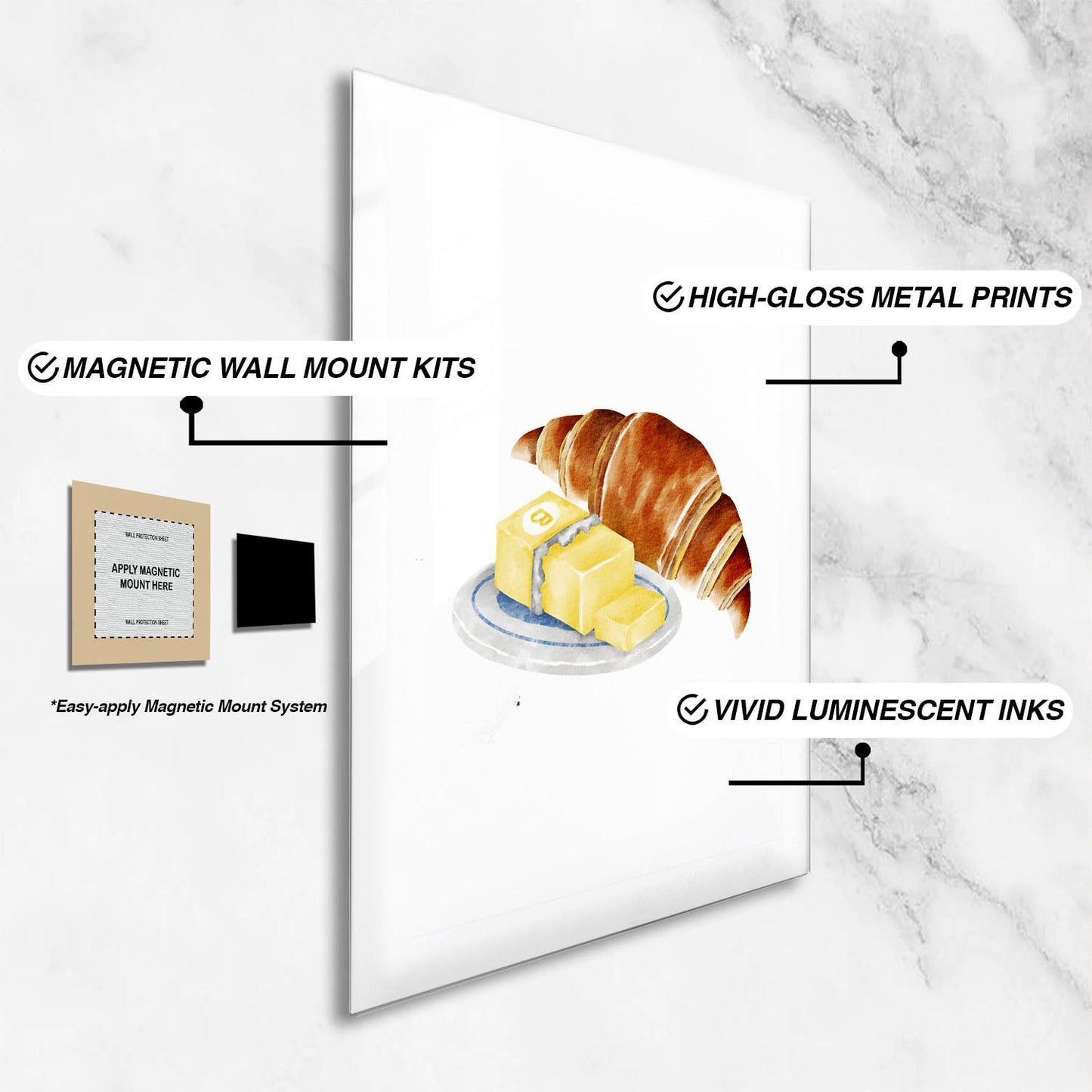 Wes Co Gallery Metal Poster Croissant & Butter Bliss 24" x 36" Home Goods - Coffee White border only Metal Art Print