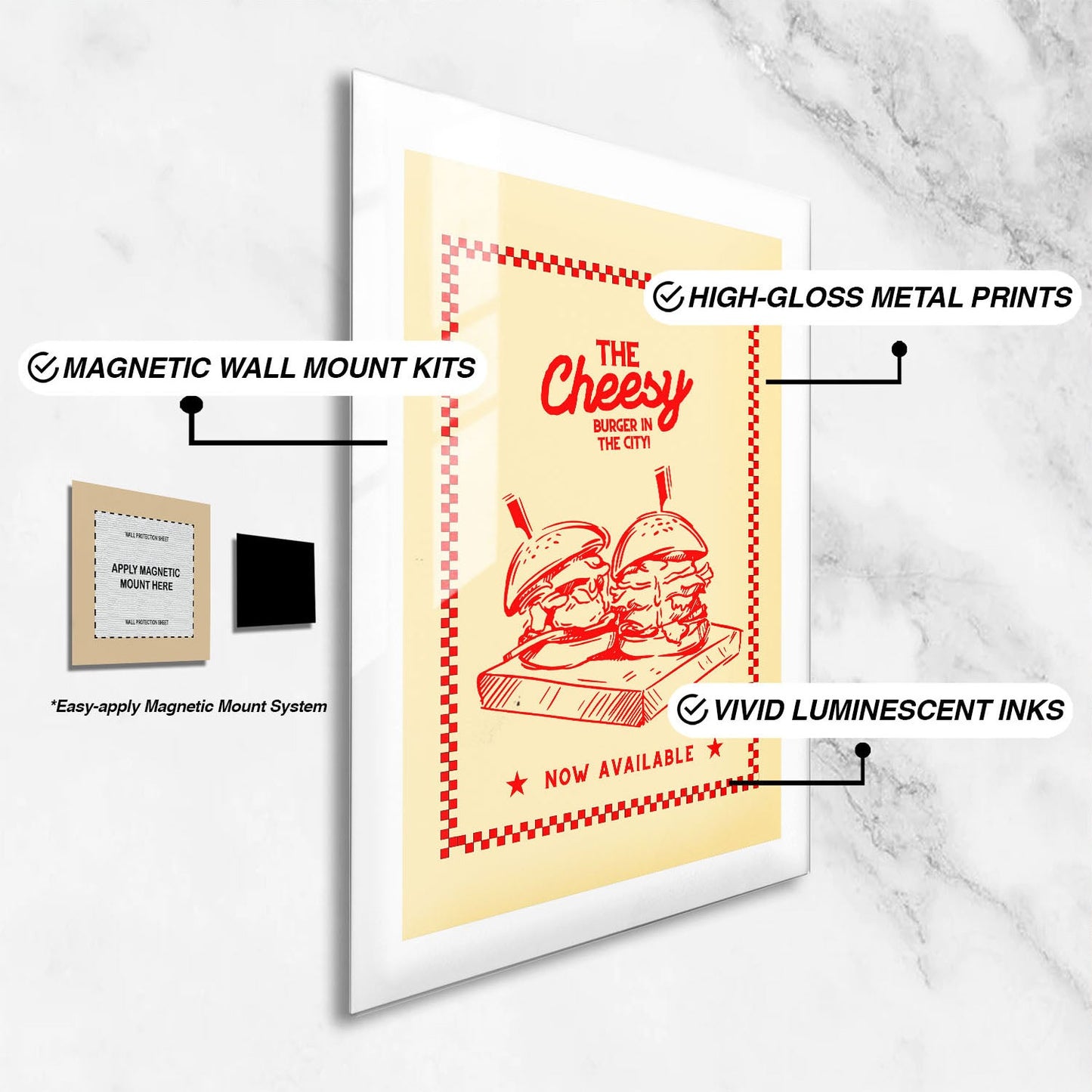 Wes Co Gallery Metal Poster The Cheesy Burger 24" x 36" Home Goods - Coffee White border only Metal Art Print