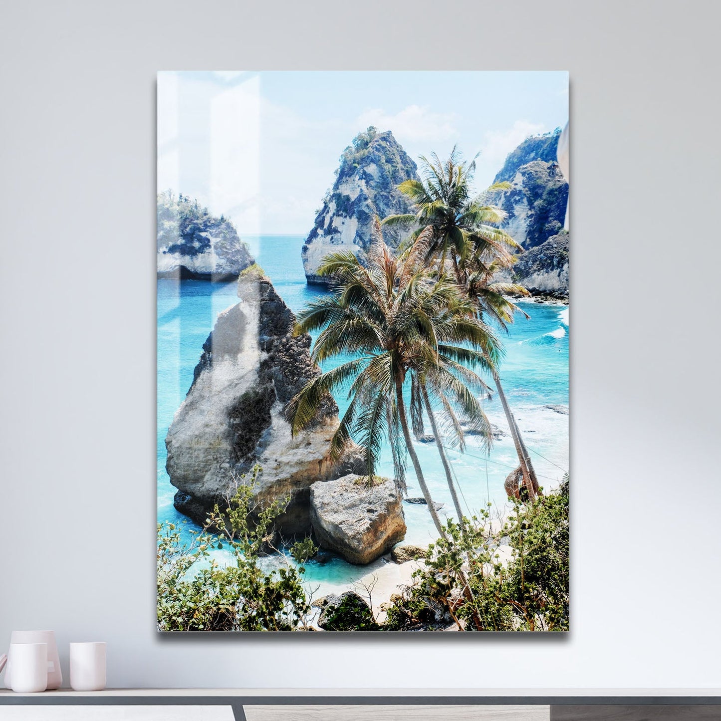 Wes Co Gallery Metal Poster Tropical Oasis with Rock Islands 11" x 17" Home Goods - Coastal Border or edge to edge Metal Art Print