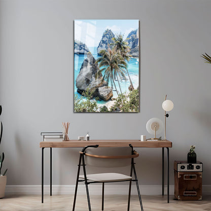 Wes Co Gallery Metal Poster Tropical Oasis with Rock Islands 11" x 17" Home Goods - Coastal Border or edge to edge Metal Art Print