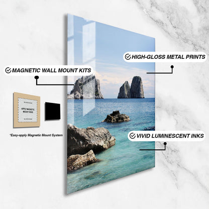 Wes Co Gallery Metal Poster Rocky Outcrops in Calm Waters 16" x 24" Home Goods - Coastal Border or edge to edge Metal Art Print