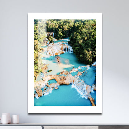 Wes Co Gallery Metal Poster Cascading Tropical Waterfalls 16" x 24" Home Goods - Coastal Border or edge to edge Metal Art Print