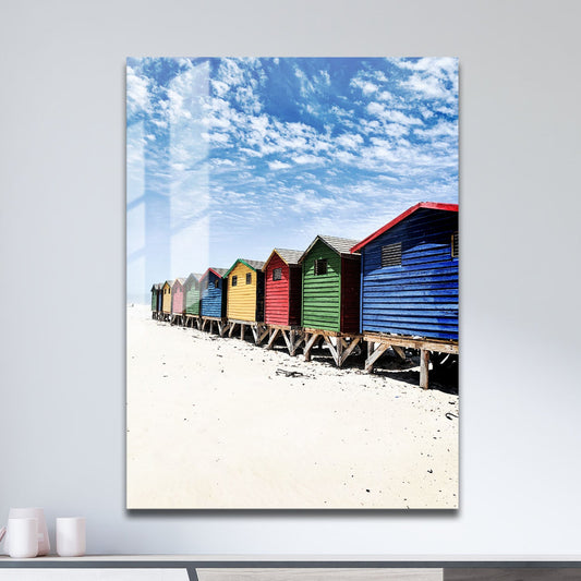 Wes Co Gallery Metal Poster Vibrant Beach Sheds 11" x 17" Home Goods - Coastal Border or edge to edge Metal Art Print