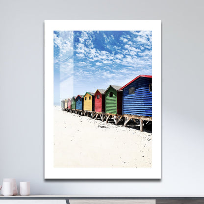 Wes Co Gallery Metal Poster Vibrant Beach Sheds 16" x 24" Home Goods - Coastal Border or edge to edge Metal Art Print