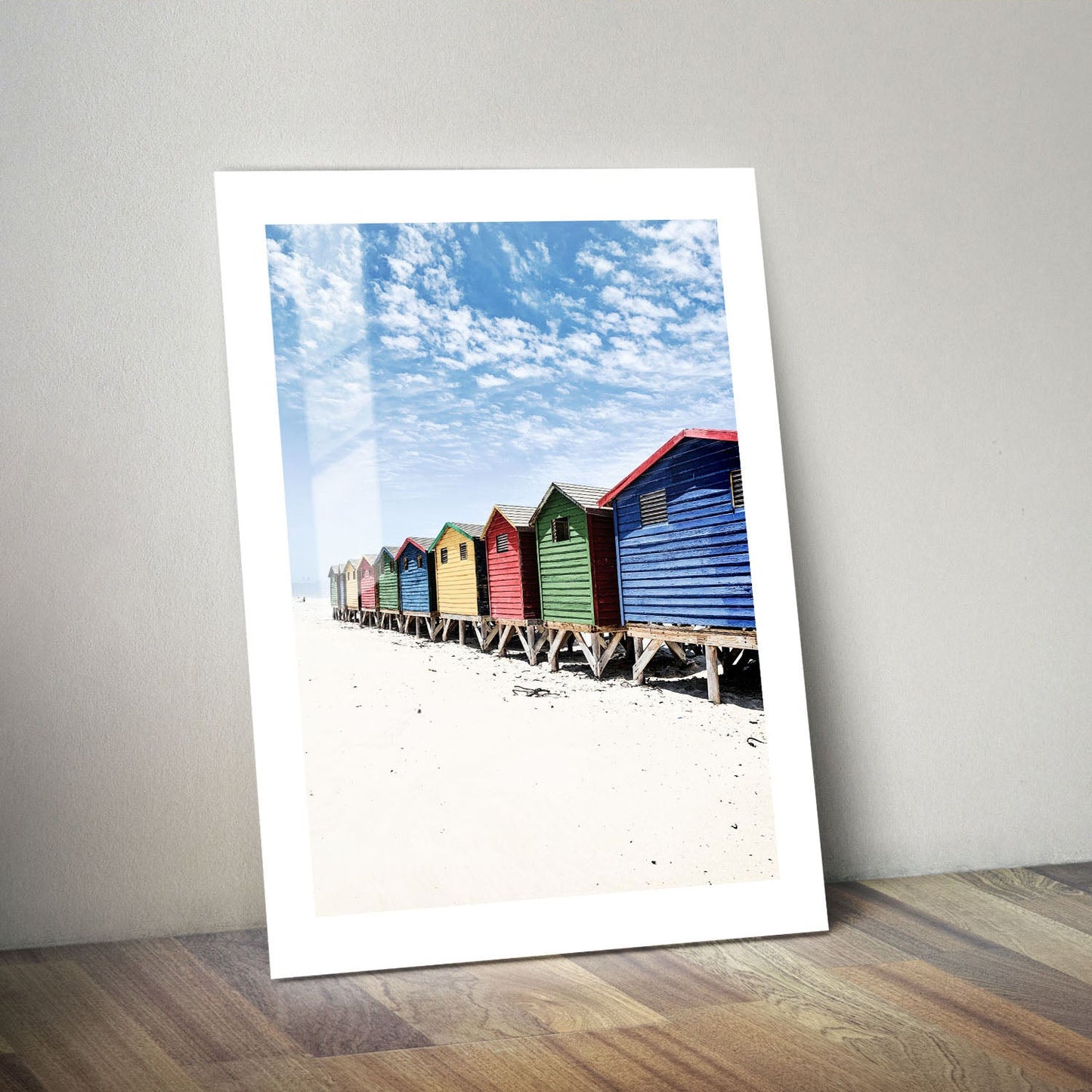 Wes Co Gallery Metal Poster Vibrant Beach Sheds 24" x 36" Home Goods - Coastal Border or edge to edge Metal Art Print