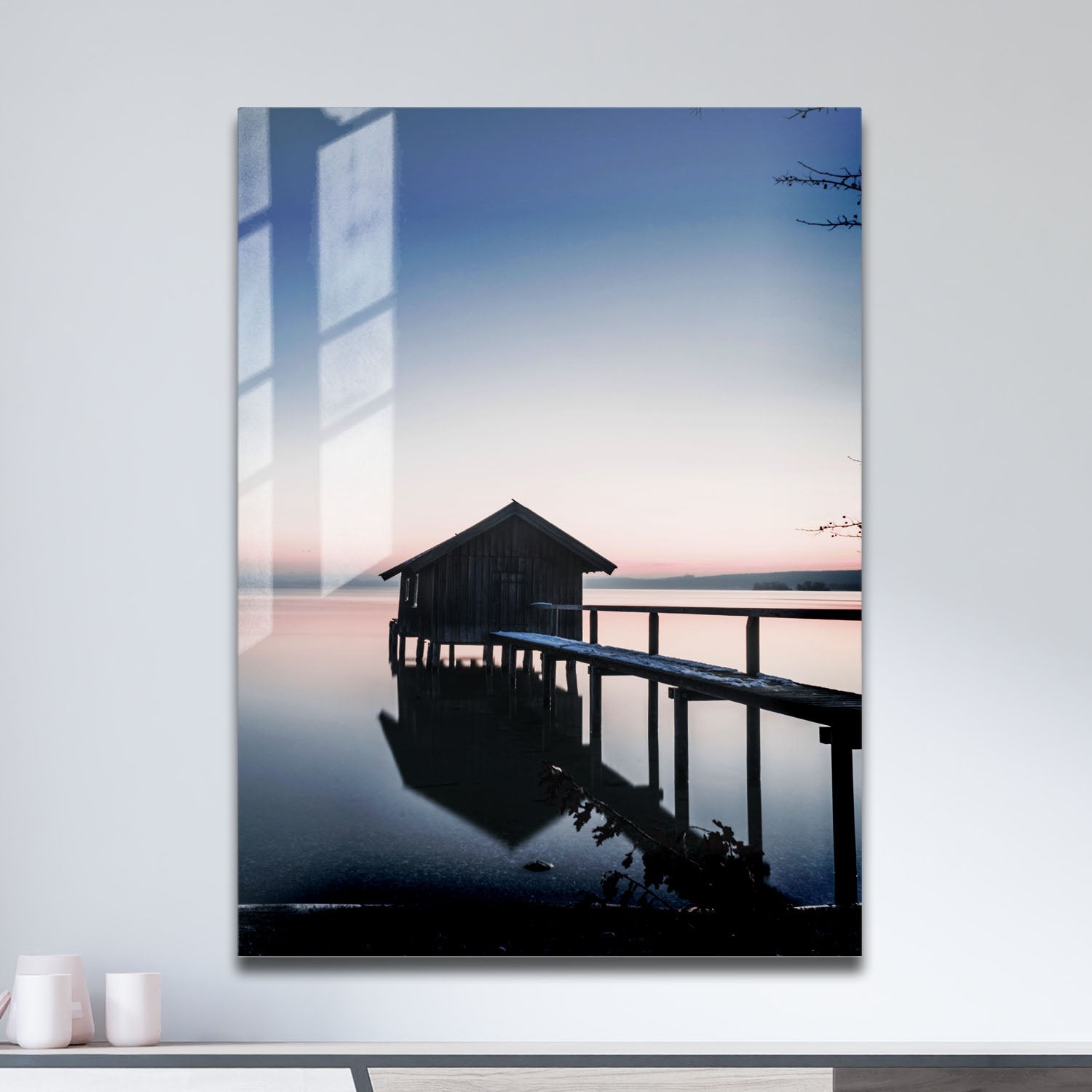 Wes Co Gallery Metal Poster Lakeside Cabin at Dusk 11" x 17" Home Goods - Coastal Border or edge to edge Metal Art Print