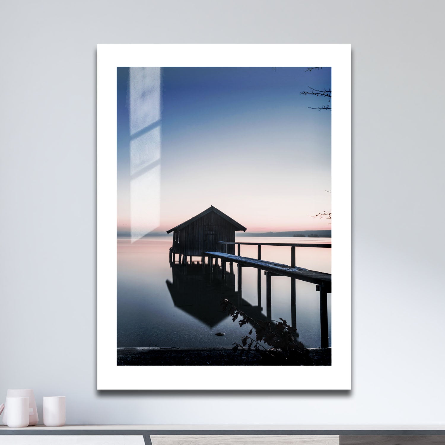 Wes Co Gallery Metal Poster Lakeside Cabin at Dusk 16" x 24" Home Goods - Coastal Border or edge to edge Metal Art Print