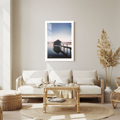 Wes Co Gallery Metal Poster Lakeside Cabin at Dusk 24" x 36" Home Goods - Coastal Border or edge to edge Metal Art Print