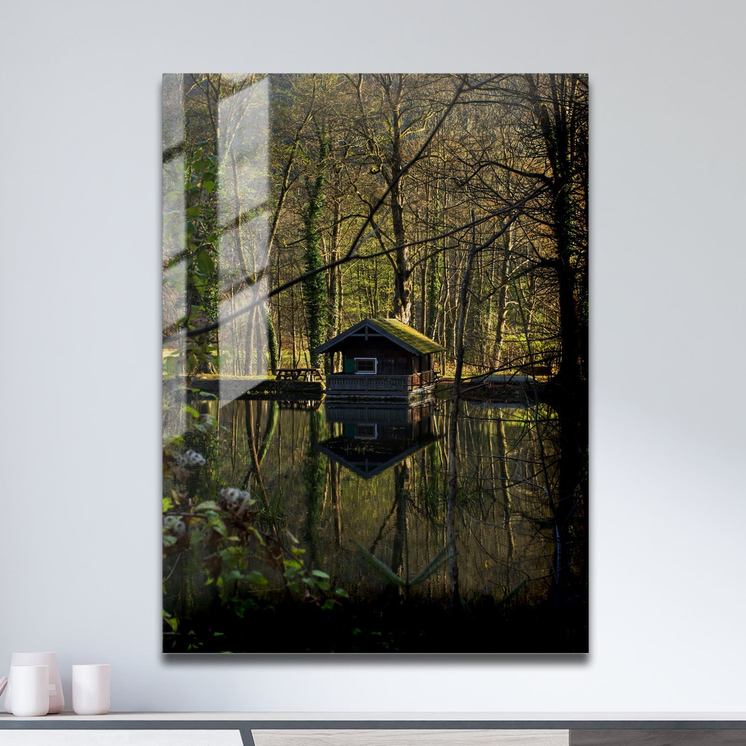 Wes Co Gallery Metal Poster Forest Reflection Cabin 11" x 17" Home Goods - Coastal Border or edge to edge Metal Art Print