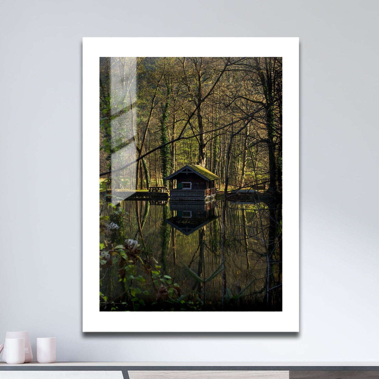 Wes Co Gallery Metal Poster Forest Reflection Cabin 16" x 24" Home Goods - Coastal Border or edge to edge Metal Art Print