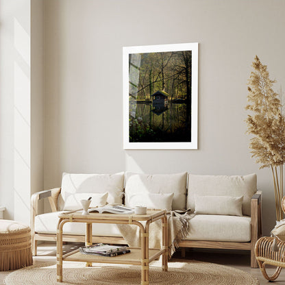 Wes Co Gallery Metal Poster Forest Reflection Cabin 16" x 24" Home Goods - Coastal Border or edge to edge Metal Art Print