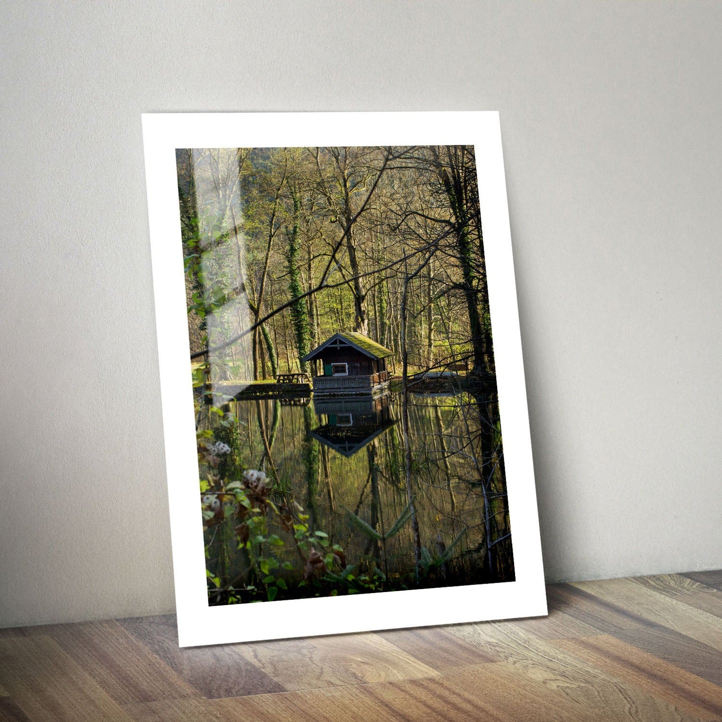 Wes Co Gallery Metal Poster Forest Reflection Cabin 24" x 36" Home Goods - Coastal Border or edge to edge Metal Art Print