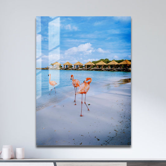 Wes Co Gallery Metal Poster Flamingos by the Shore 11" x 17" Home Goods - Coastal Border or edge to edge Metal Art Print