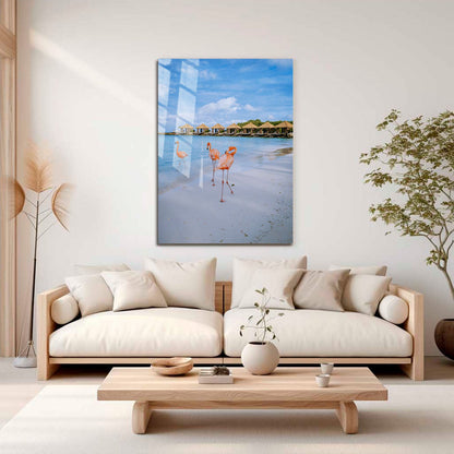 Wes Co Gallery Metal Poster Flamingos by the Shore 11" x 17" Home Goods - Coastal Border or edge to edge Metal Art Print