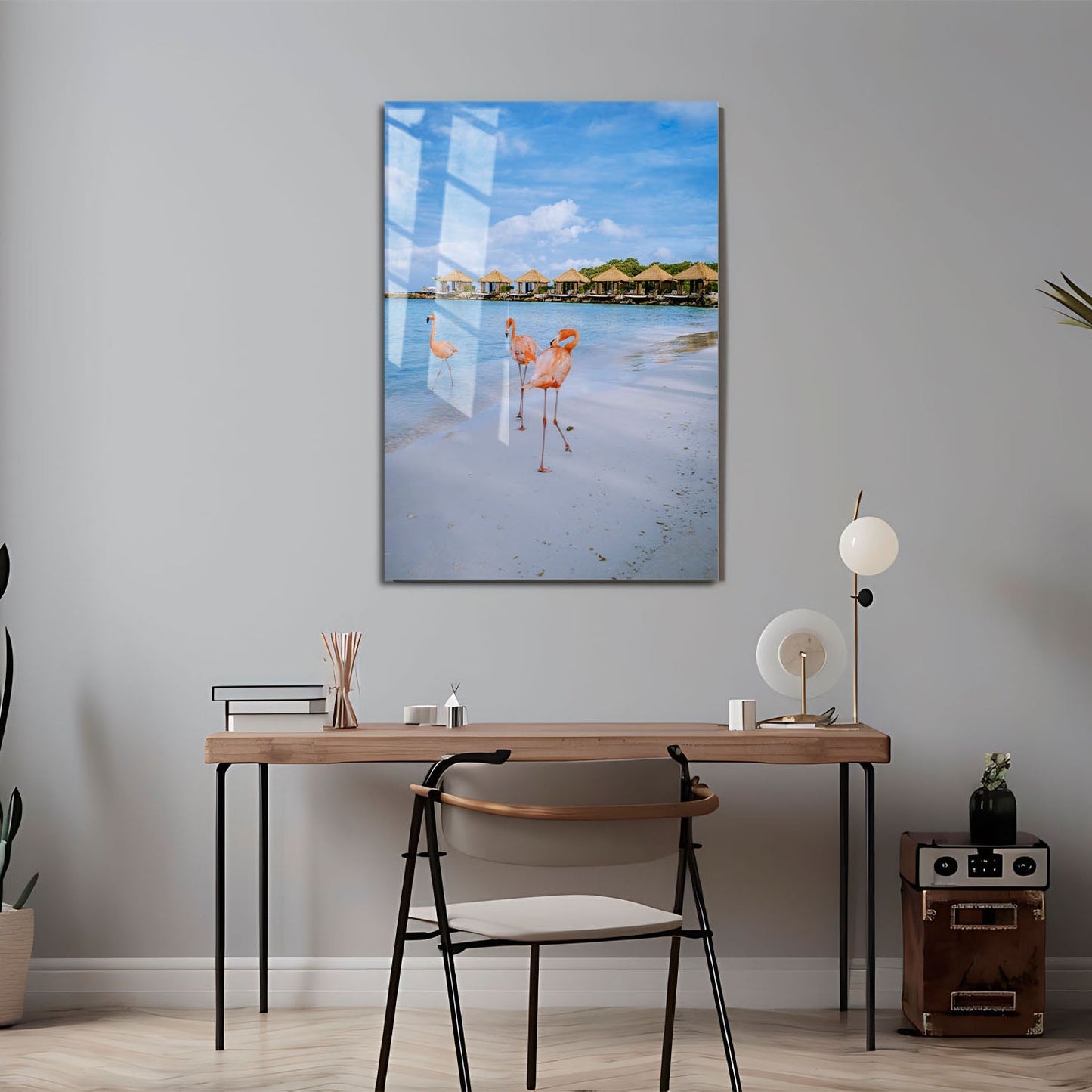 Wes Co Gallery Metal Poster Flamingos by the Shore 11" x 17" Home Goods - Coastal Border or edge to edge Metal Art Print