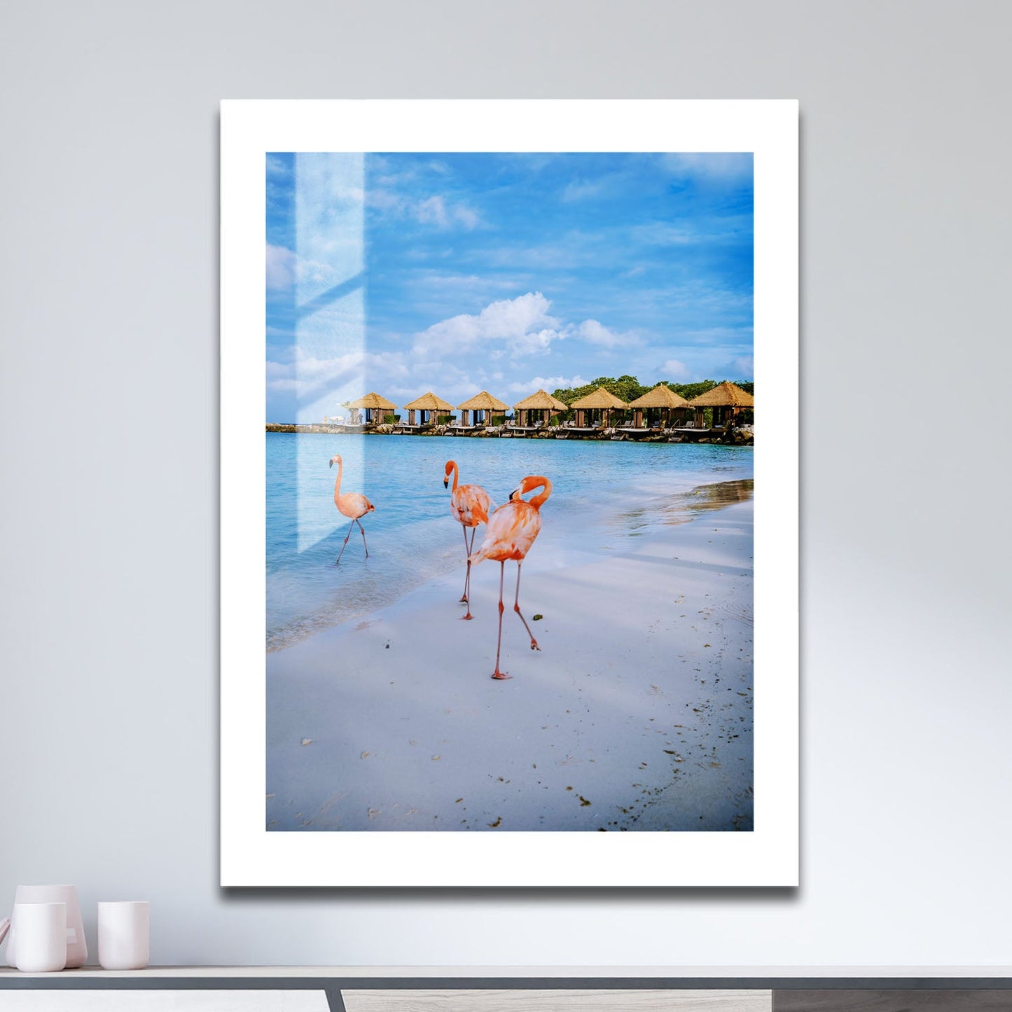 Wes Co Gallery Metal Poster Flamingos by the Shore 16" x 24" Home Goods - Coastal Border or edge to edge Metal Art Print