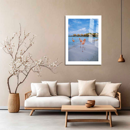 Wes Co Gallery Metal Poster Flamingos by the Shore 16" x 24" Home Goods - Coastal Border or edge to edge Metal Art Print