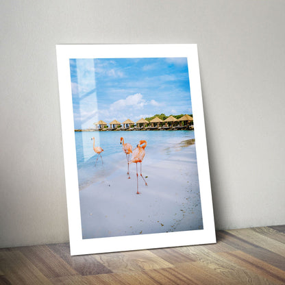 Wes Co Gallery Metal Poster Flamingos by the Shore 24" x 36" Home Goods - Coastal Border or edge to edge Metal Art Print