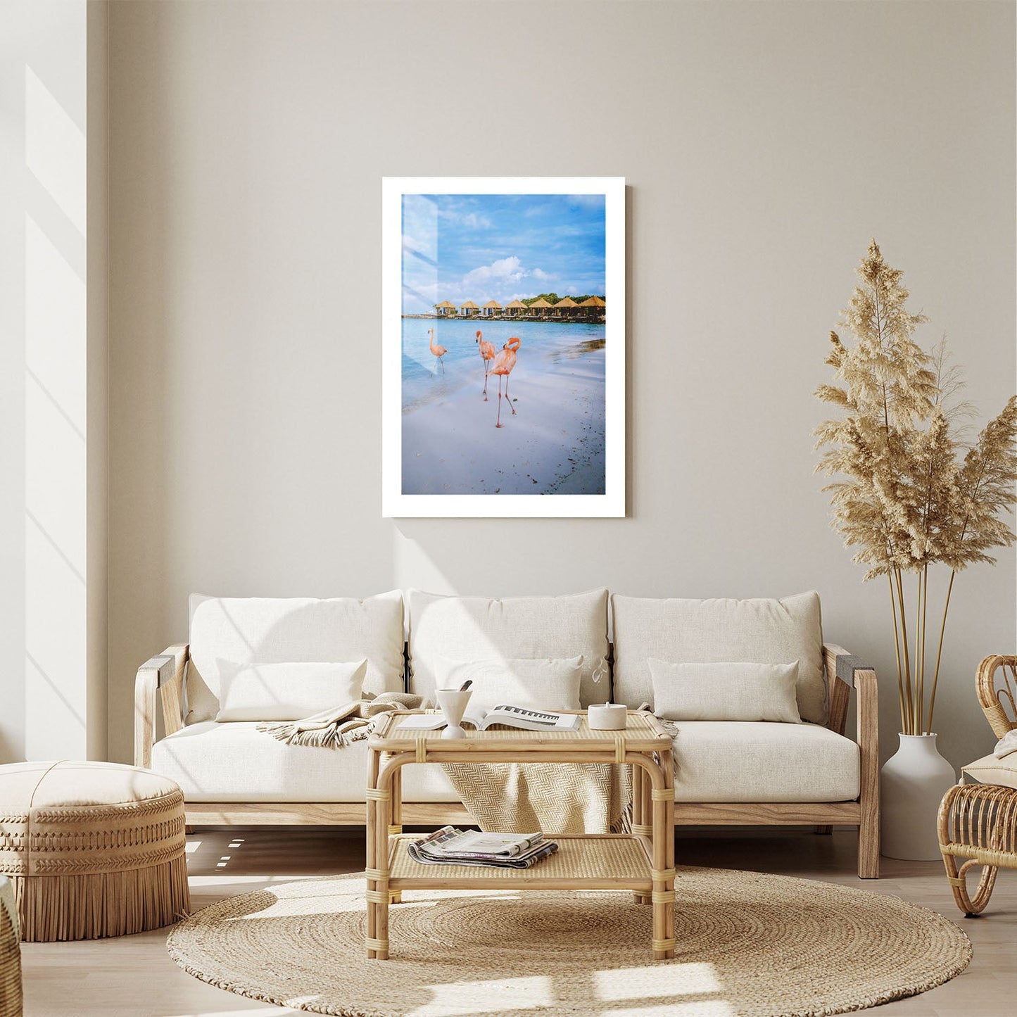 Wes Co Gallery Metal Poster Flamingos by the Shore 24" x 36" Home Goods - Coastal Border or edge to edge Metal Art Print