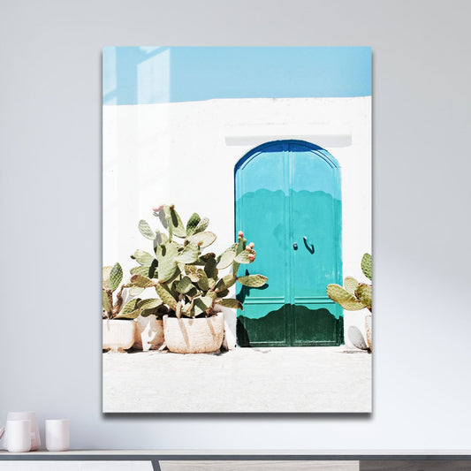 Wes Co Gallery Metal Poster Cactus Garden and Teal Door 11" x 17" Home Goods - Photography Border or edge to edge Metal Art Print