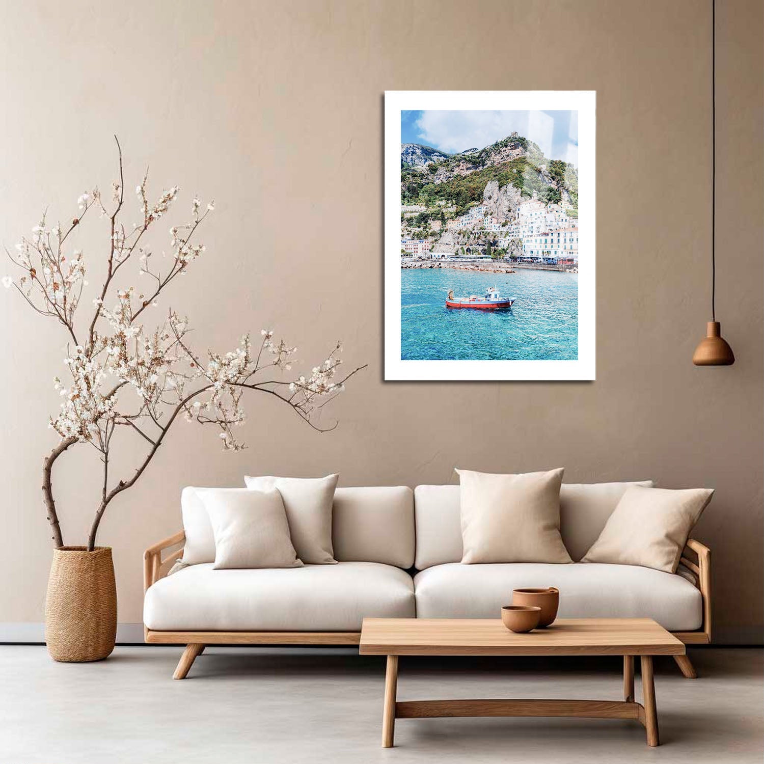 Wes Co Gallery Metal Poster Coastal Village with Red Boat 16" x 24" Home Goods - Coastal Border or edge to edge Metal Art Print