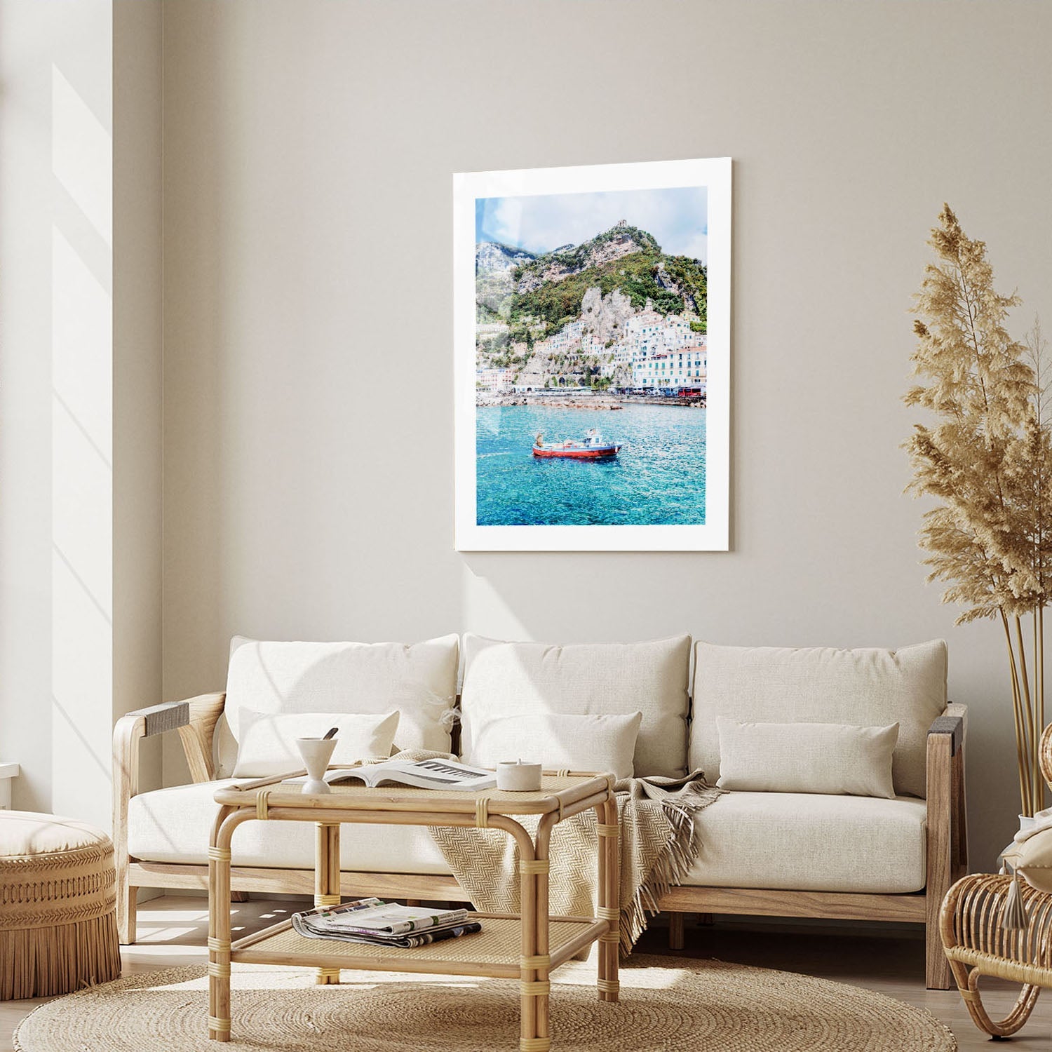 Wes Co Gallery Metal Poster Coastal Village with Red Boat 16" x 24" Home Goods - Coastal Border or edge to edge Metal Art Print