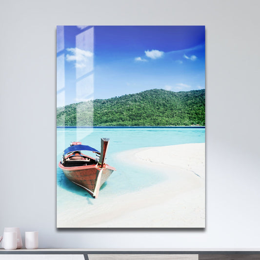Wes Co Gallery Metal Poster Tropical Boat Retreat 11" x 17" Home Goods - Coastal Border or edge to edge Metal Art Print
