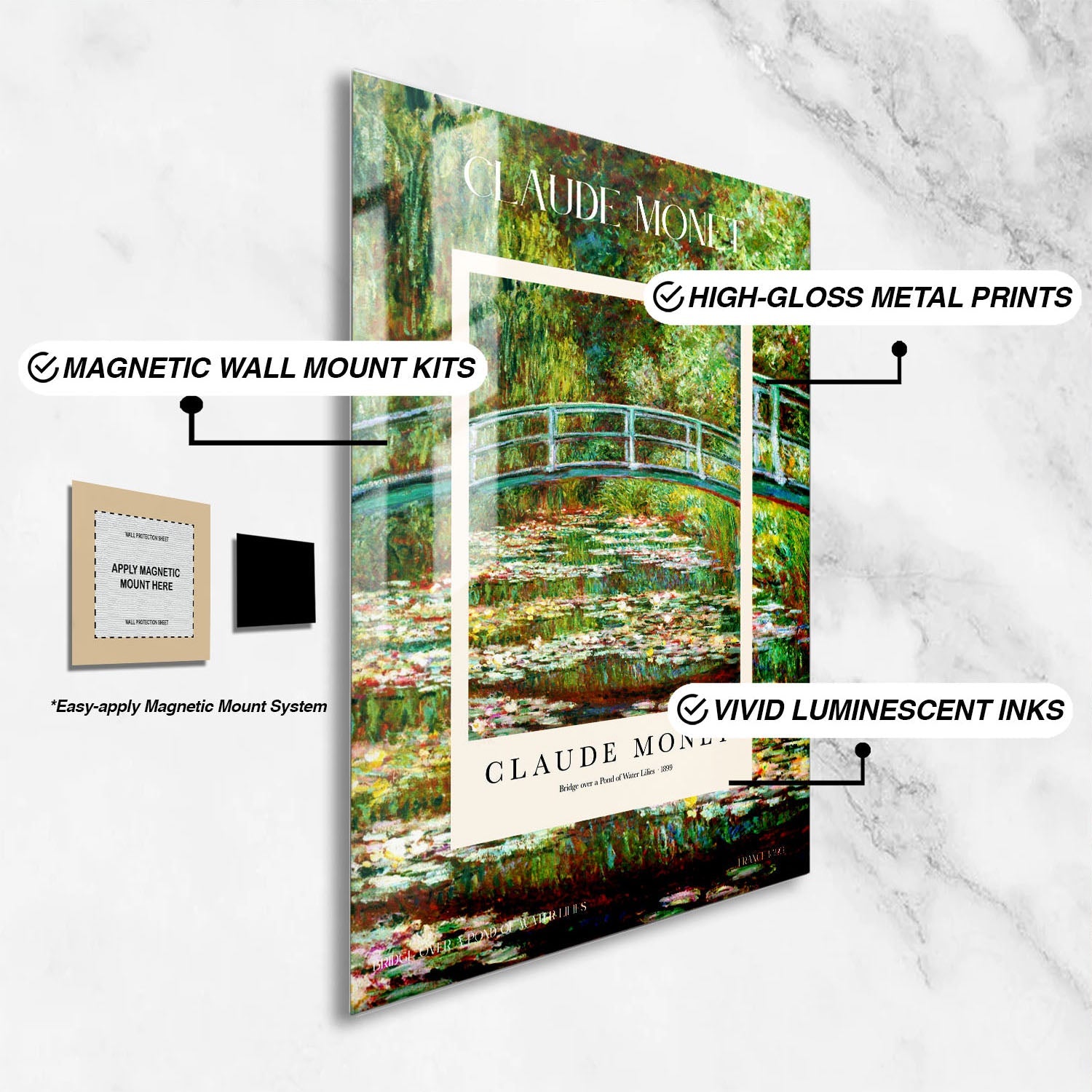 Wes Co Gallery Metal Poster Bridge Over A Pond Of Water Lilies Profile by Claude Monet 24" x 36" Home Goods - Artist Edge to edge Metal Art Print