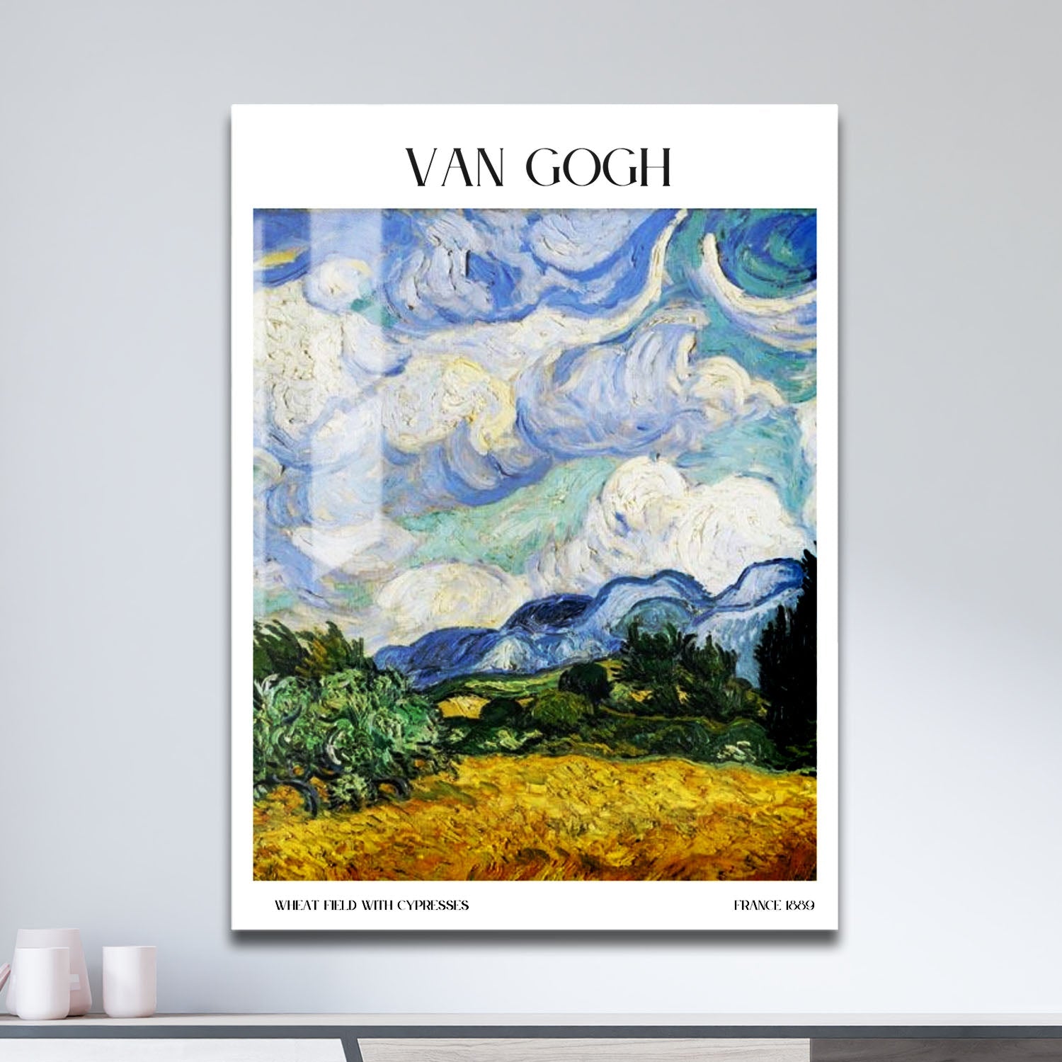 Wes Co Gallery Metal Poster Wheat Field With Cypresses by Van Gogh 11" x 17" Home Goods - Artist Edge to edge Metal Art Print