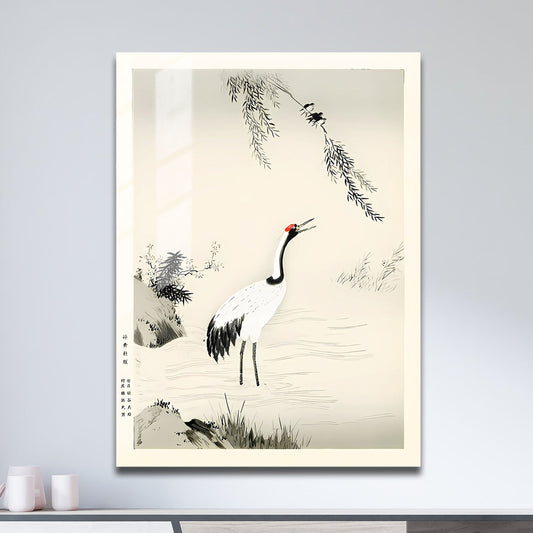 Wes Co Gallery Metal Poster Japanese Crane by Kano Motonobu 11" x 17" Home Goods - Artist Edge to edge Metal Art Print