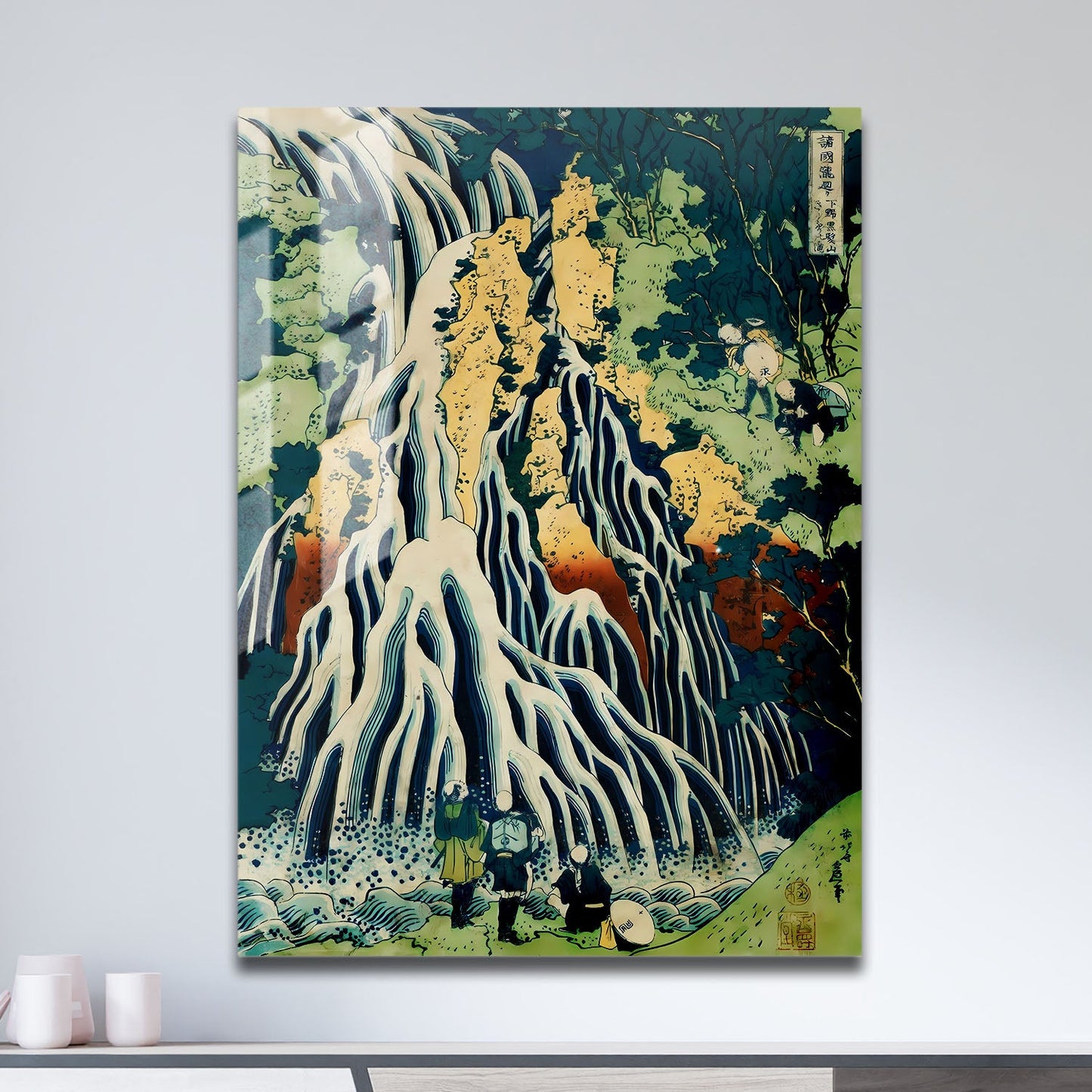 Wes Co Gallery Metal Poster Pilgrims at Kirifuri Waterfall by Katsushika Hokusai 11" x 17" Home Goods - Artist Edge to edge Metal Art Print