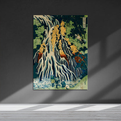 Wes Co Gallery Metal Poster Pilgrims at Kirifuri Waterfall by Katsushika Hokusai 16" x 24" Home Goods - Artist Edge to edge Metal Art Print