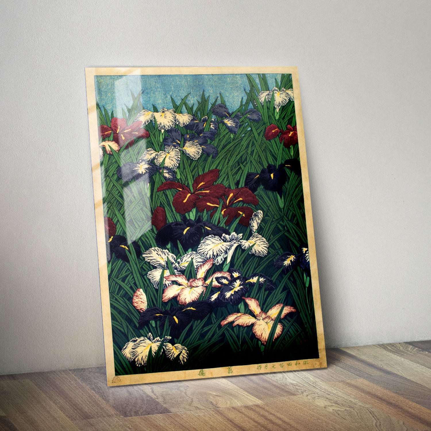 Wes Co Gallery Metal Poster Irises Flowers by Kawase Hasui 11" x 14" Home Goods - Artist Edge to edge Metal Art Print