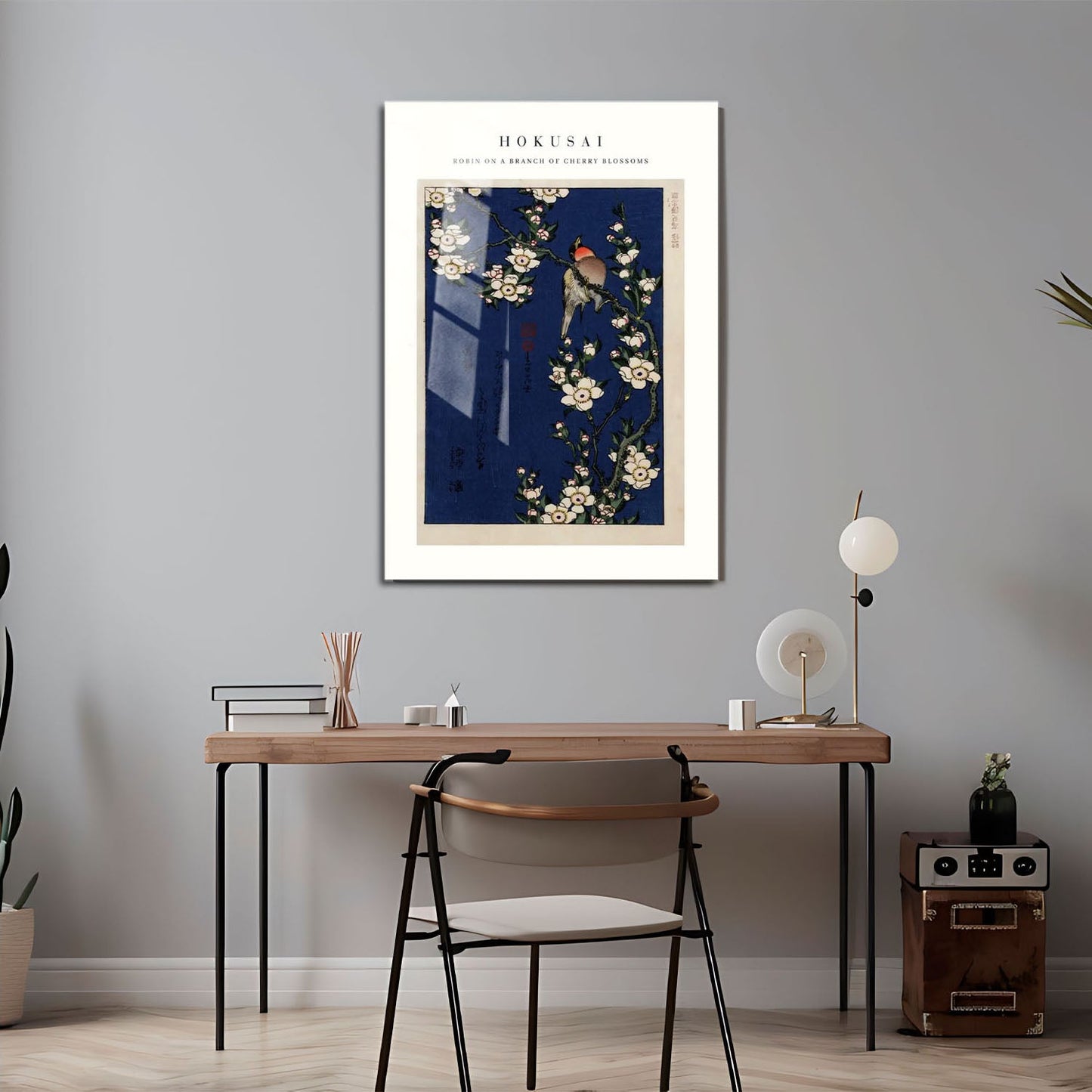 Wes Co Gallery Metal Poster Robin on a Branch of Cherry Blossoms by Katsushika Hokusai 24" x 36" Home Goods - Artist Edge to edge Metal Art Print