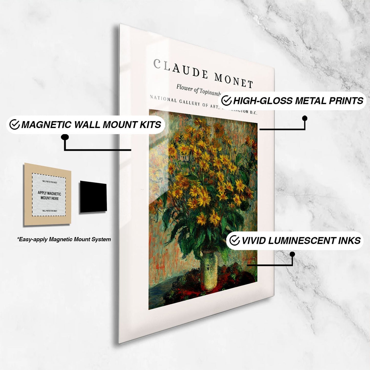 Wes Co Gallery Metal Poster Topinambur Blossom 1880 by Claude Monet 24" x 36" Home Goods - Artist Edge to edge Metal Art Print