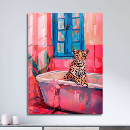 Wes Co Gallery Metal Poster Charming Leopard Bathtub 11" x 17" Home Goods - Animal Border or edge to edge Metal Art Print